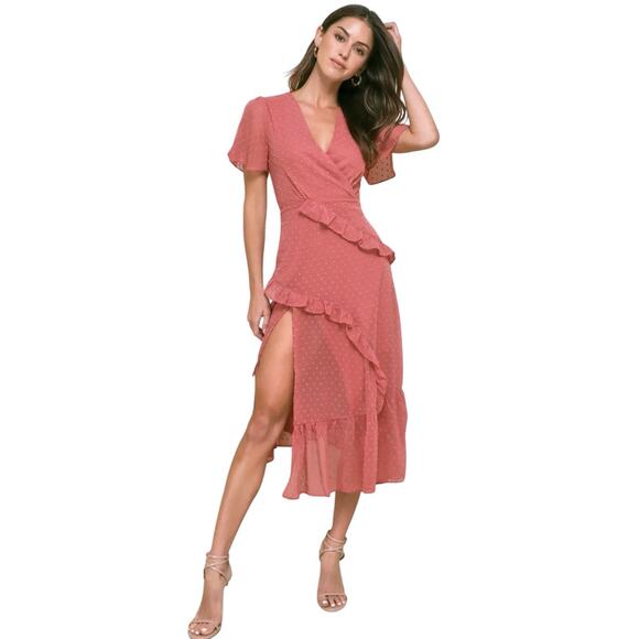 Lulu's Dresses & Skirts - NWT LULUS Women’s Next to You Rusty Rose Swiss Dot Ruffled Midi Dress